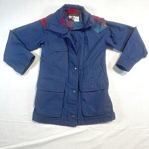 Vintage Eddie Bauer Womens Navy Blue Plaid Lined Hooded Parka Jacket XS Winter